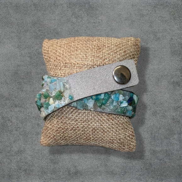 C1 Unique Natural Gemstone Double Wrap Bracelet Aqua Seafoam Green Mint Blue - Picture 5 of 17